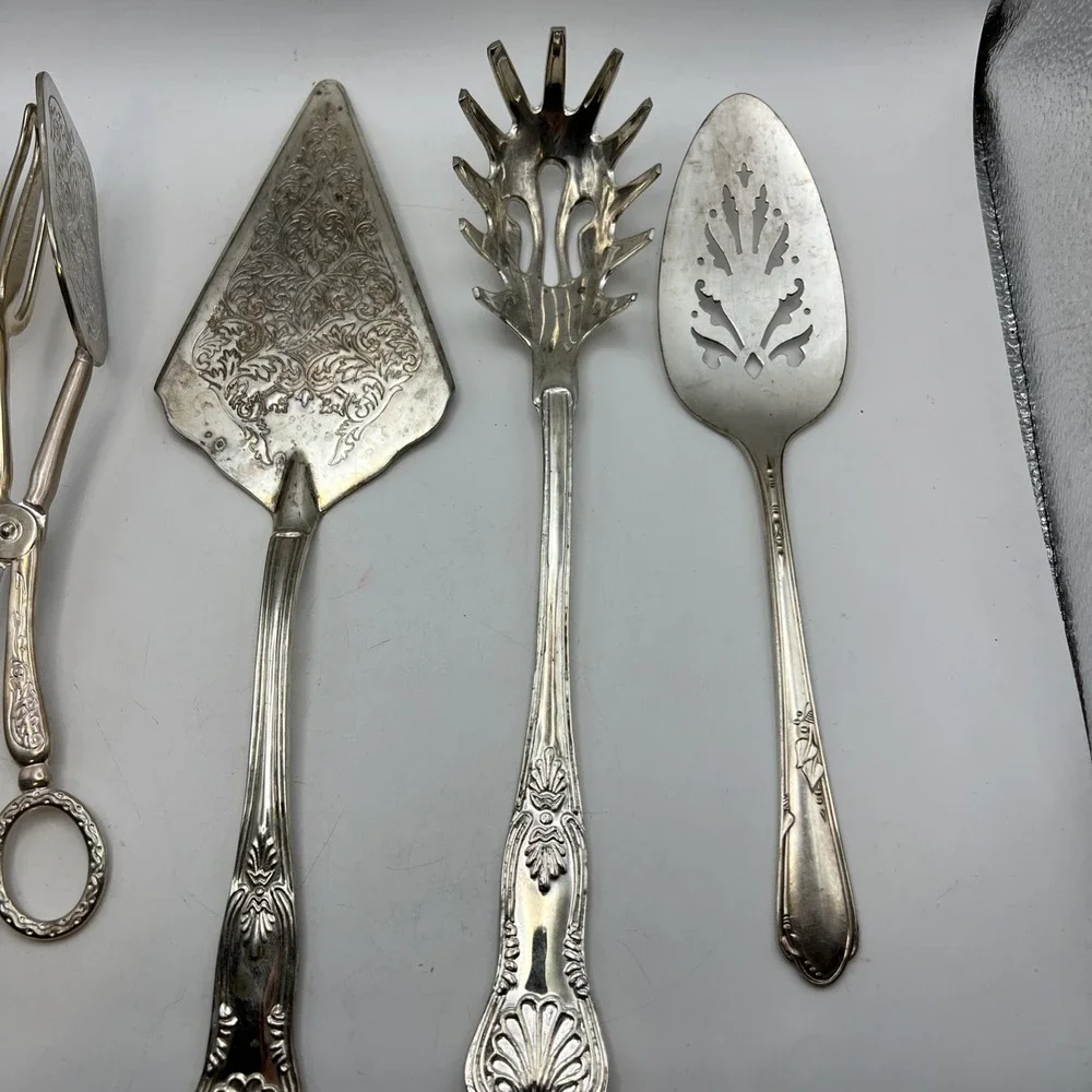 5pc Silver Plate Hostess Serving Set Wm A Rogers Calla Lily Slotted Spoon Tongs